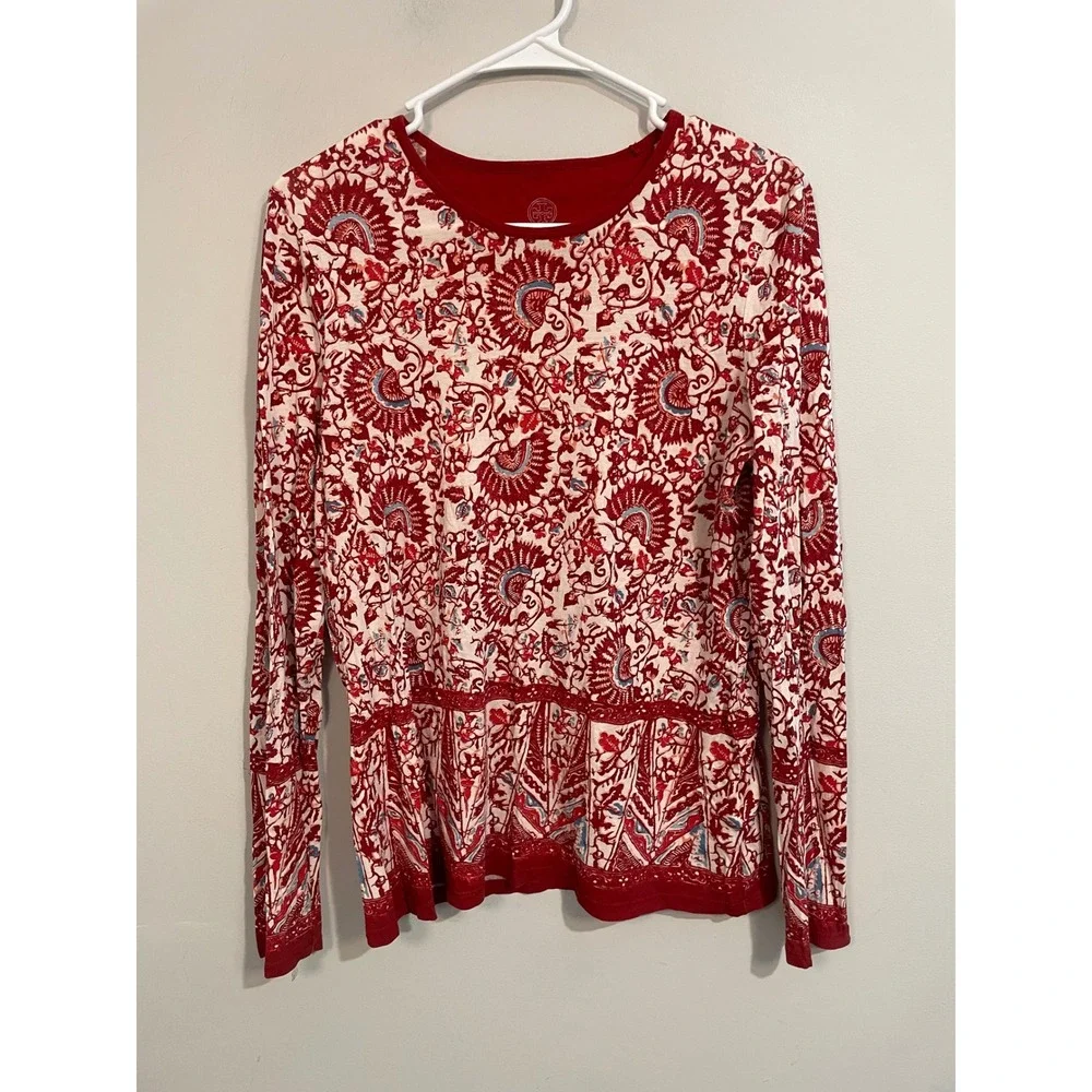 Tory Beach Floral Print Crew Neck Long Sleeve Pima Cotton Tee Size‎ Medium